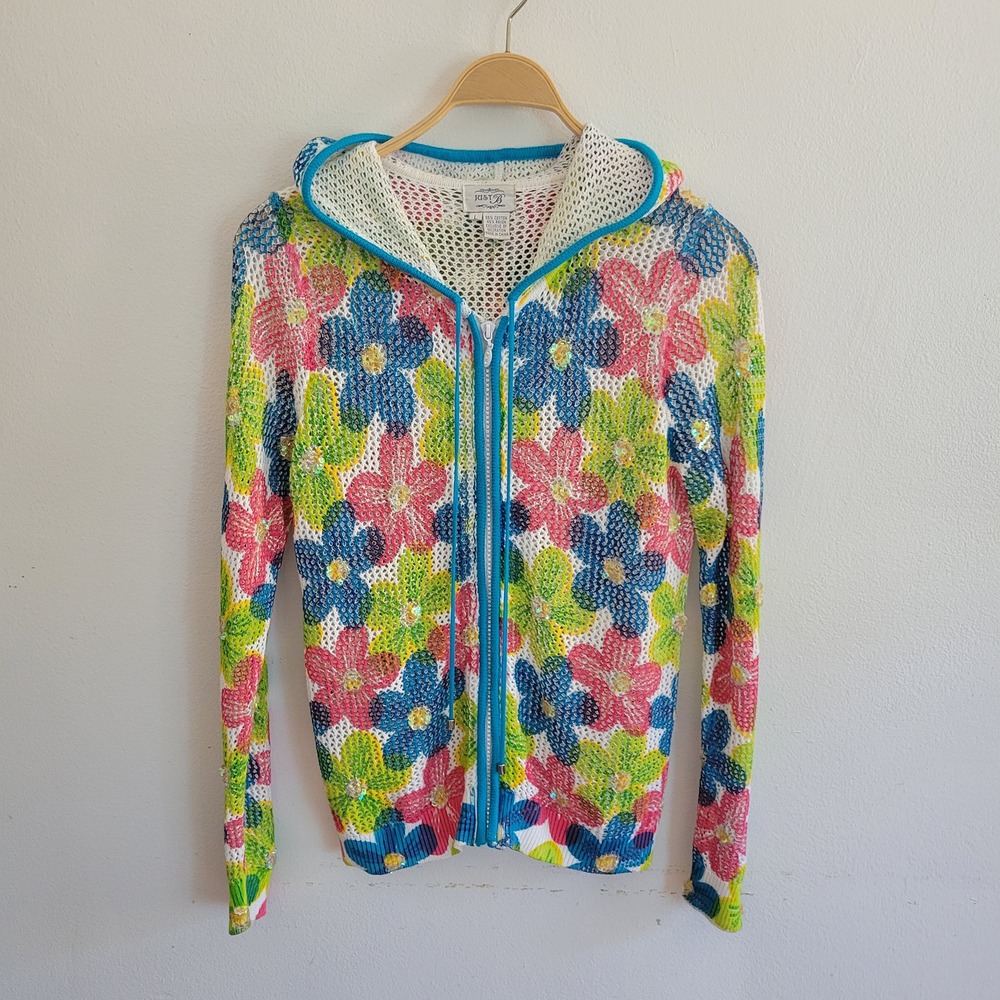 Just B Openwork Knit Full Zip Hoodie Cardigan Large Retro Sequin Flowers Beach